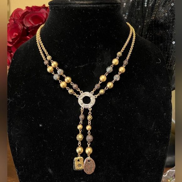 VINTAGE LIZ CLAIBORNE COUTURE MULTICOLOR GOLDEN BYZANTINE STYLE PENDANT NECKLACE - Picture 1 of 3